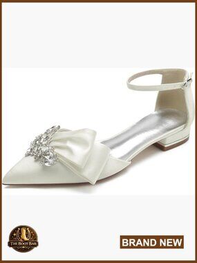 Satin Wedding Flats with Crystal Ankle Strap, Pointed Toe Bridal Shoes